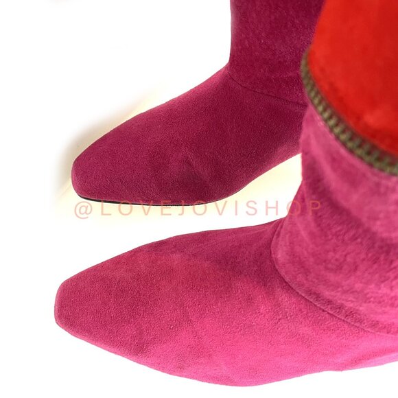 Vintage 80s | Maximalist Tiered Suede Thigh High to Ankle Boots Pink Fuchsia Red - Picture 8 of 16